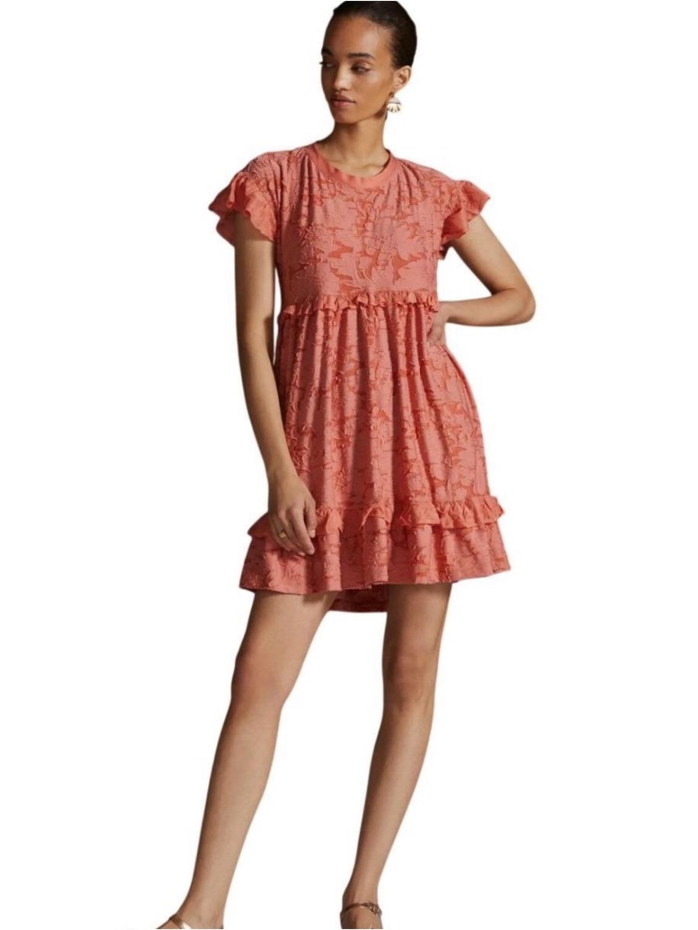 Anthropologie coral ruffle knit whimsy floral keyhole mini dress